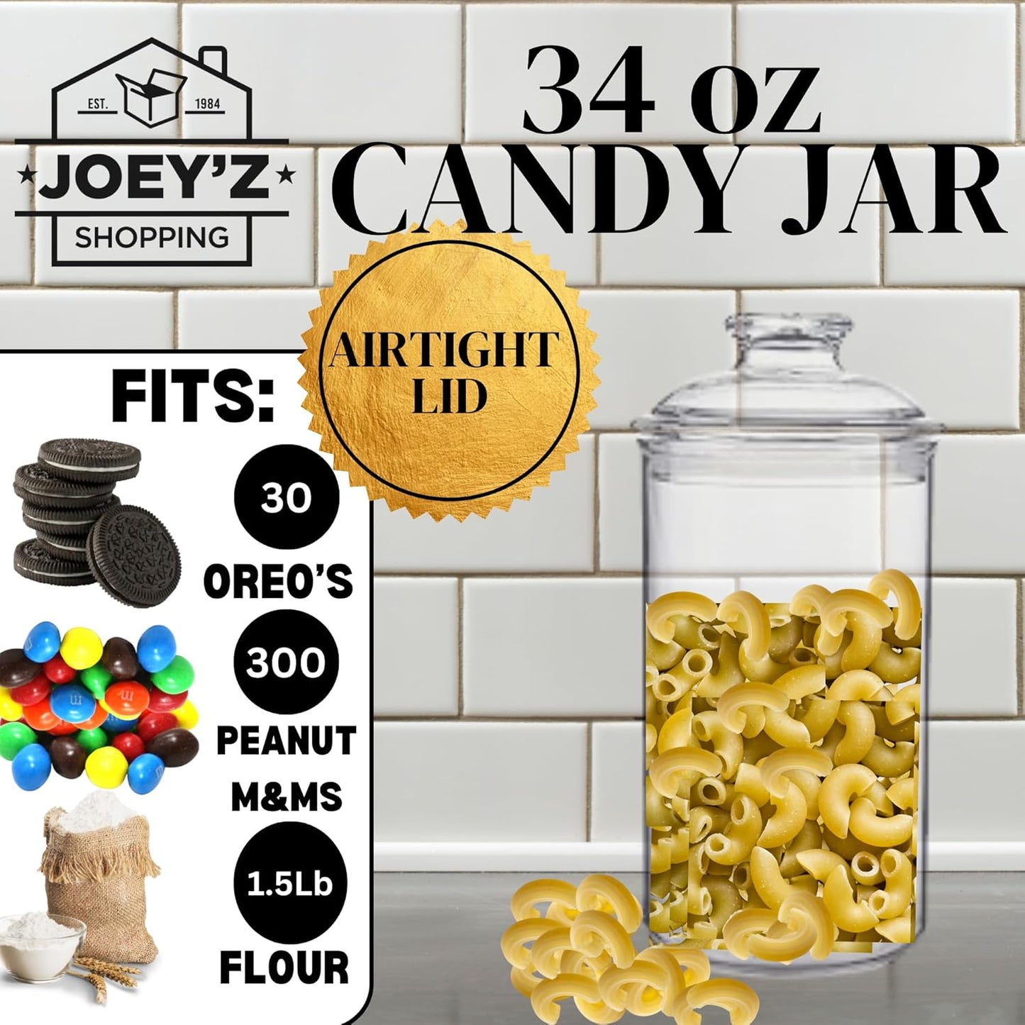 JOEY'Z 34oz/1L - Acrylic Airtight Candy Jar Cookie Jar - Candy Jars with Lids Apothecary Jars With Lids - Laundry Pods Container Laundry Pod Container