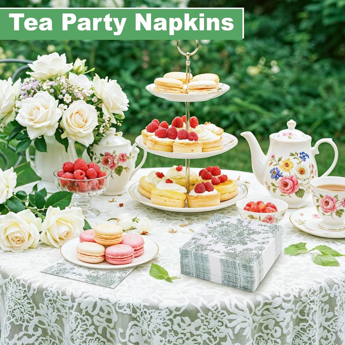 100 Pcs Sage Green Floral Napkins, Green and White Toile Napkins Vintage Flower Butterfly Design Chinoiserie Decorative Cute Napkin for Bridal Baby Shower, Wedding, Tea Party, 5 x 5 Inch