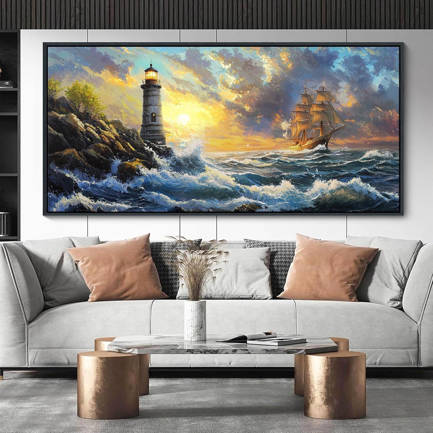CHATYOUNG Large Wall Art Living Room, Ocean Sunrise Big Waves Framed Wall Pictures Beach Sailboat Lighthouse Landscape Canvas Paintings for Bedroom Dining Room Kitchen Office Home Decor 29x58 IN