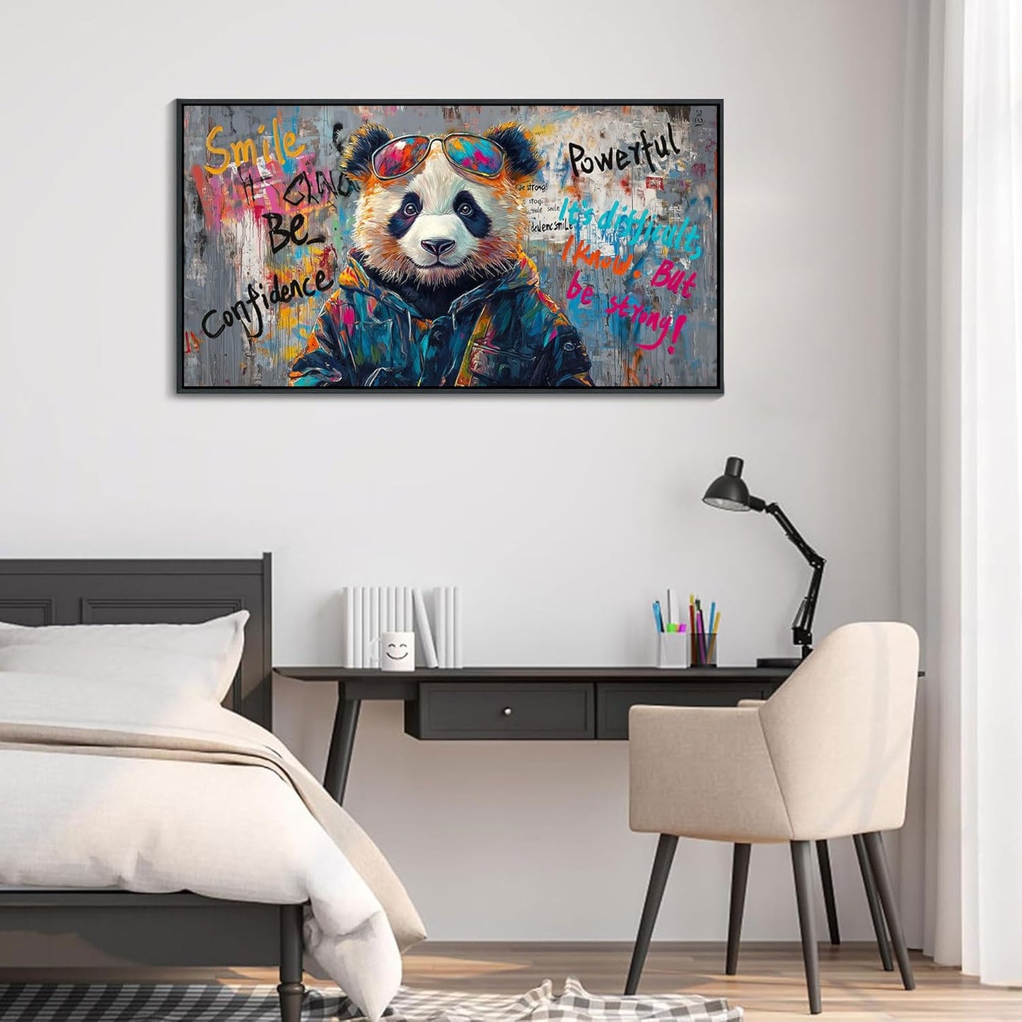 JEAWA Graffiti Abstract Wall Art, Cute Panda Street Cool Pop Framed Canvas Animal Paintings for Living Room Bedroom Bathroom Teenage Boy Game Room Inspirational Picture Wall Decor 20x40 IN