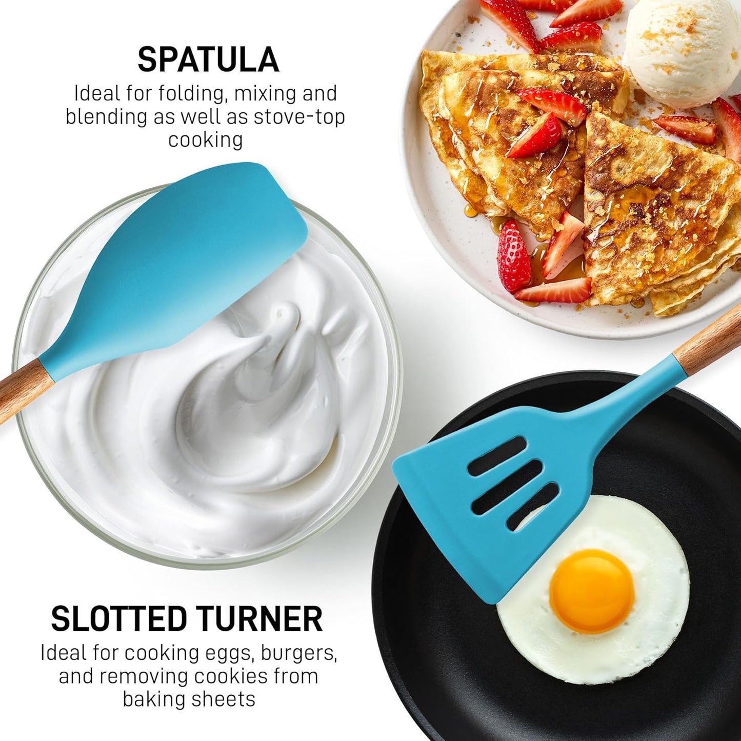 Zulay Kitchen Non-Stick Cooking Utensils Set with Authentic Acacia Wood Handles – 5-Piece Durable & Stylish Silicone Kitchen Utensils Set – Heat Resistant to 464°F – Blue