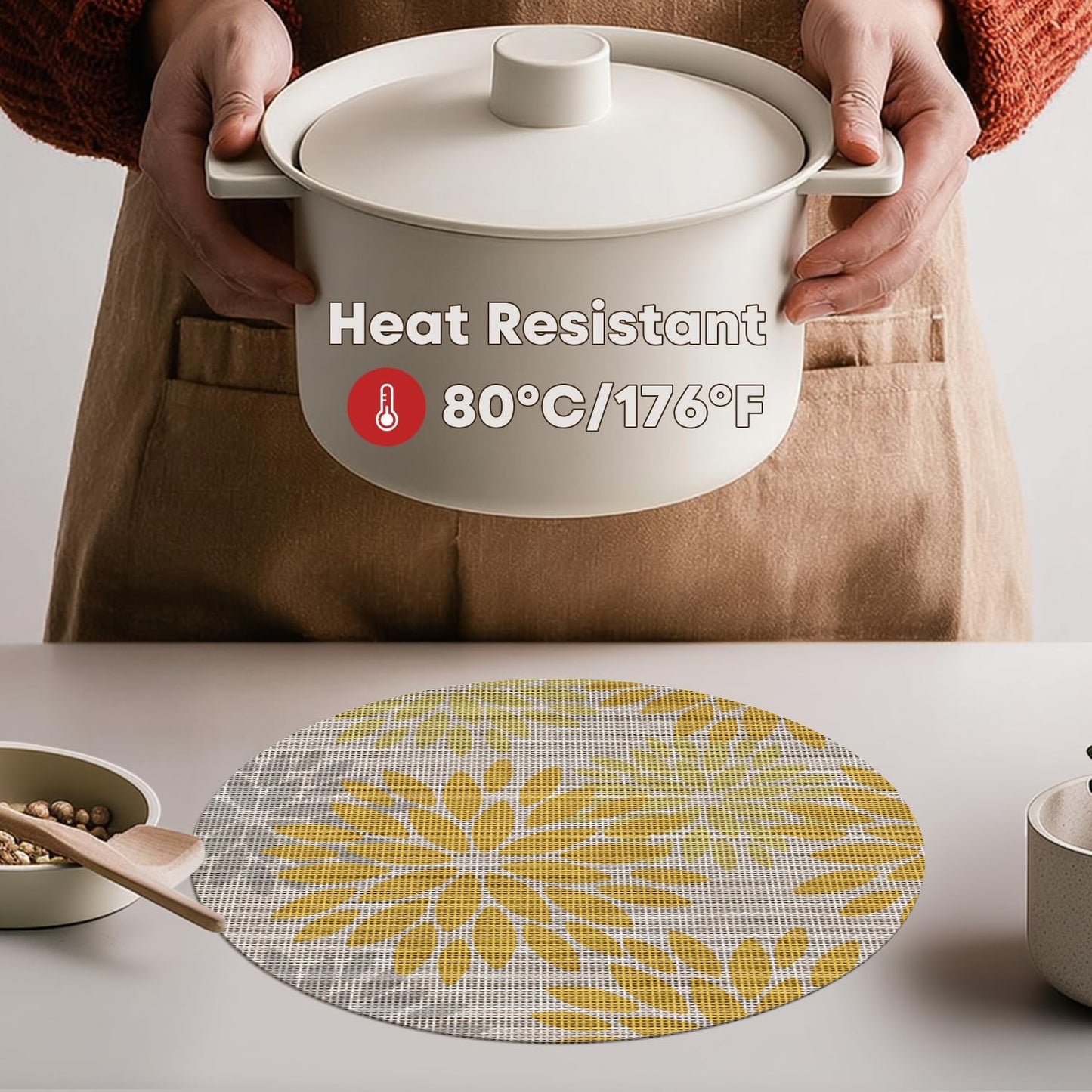 Artoid Mode Yellow Dahlia Plastic Round Placemats Set of 4, 14 Inch Seasonal Wipeable Woven Vinyl Table Mats for Farmhouse Party Kitchen Dining Decor
