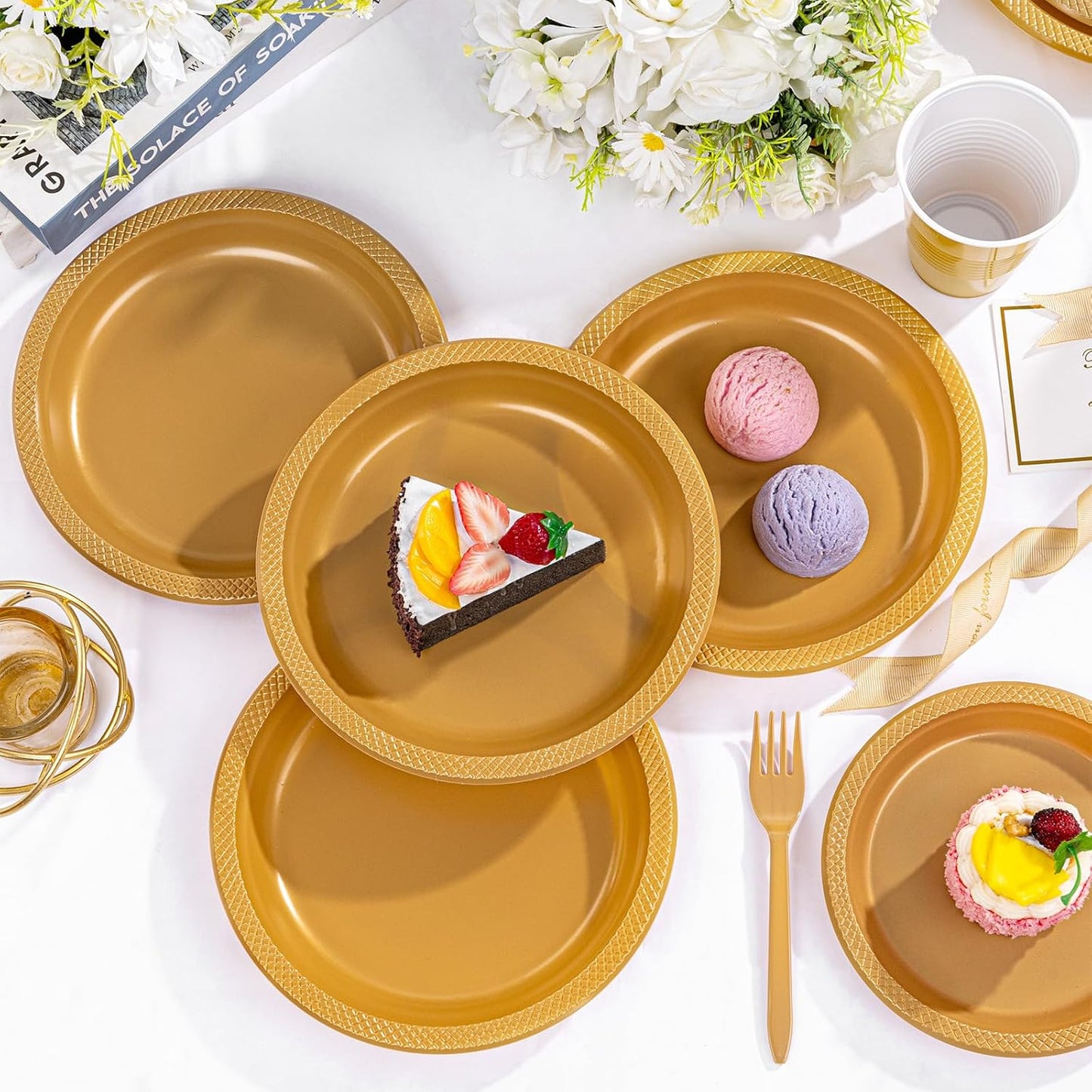 WELLIFE 210Pcs Gold Plastic Plates, Disposable Dinnerware Set,Party Supplies Including Gold plates, 12OZ Cups, Plastic Cutlery and Paper Napkins Serve 30 Guests