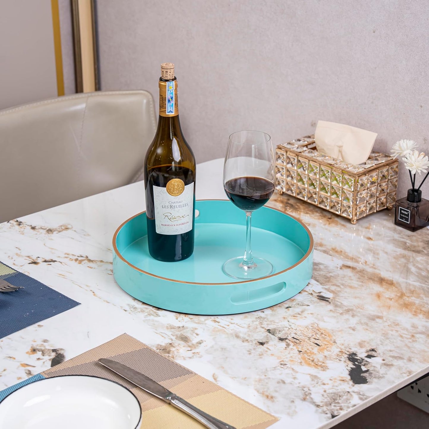 PEMAR 12.6" Round Lacquer Serving Tray with Insert Handle Decorative Basket Tray for Breakfast, Dinner, Coffee Table Decor (Aqua)