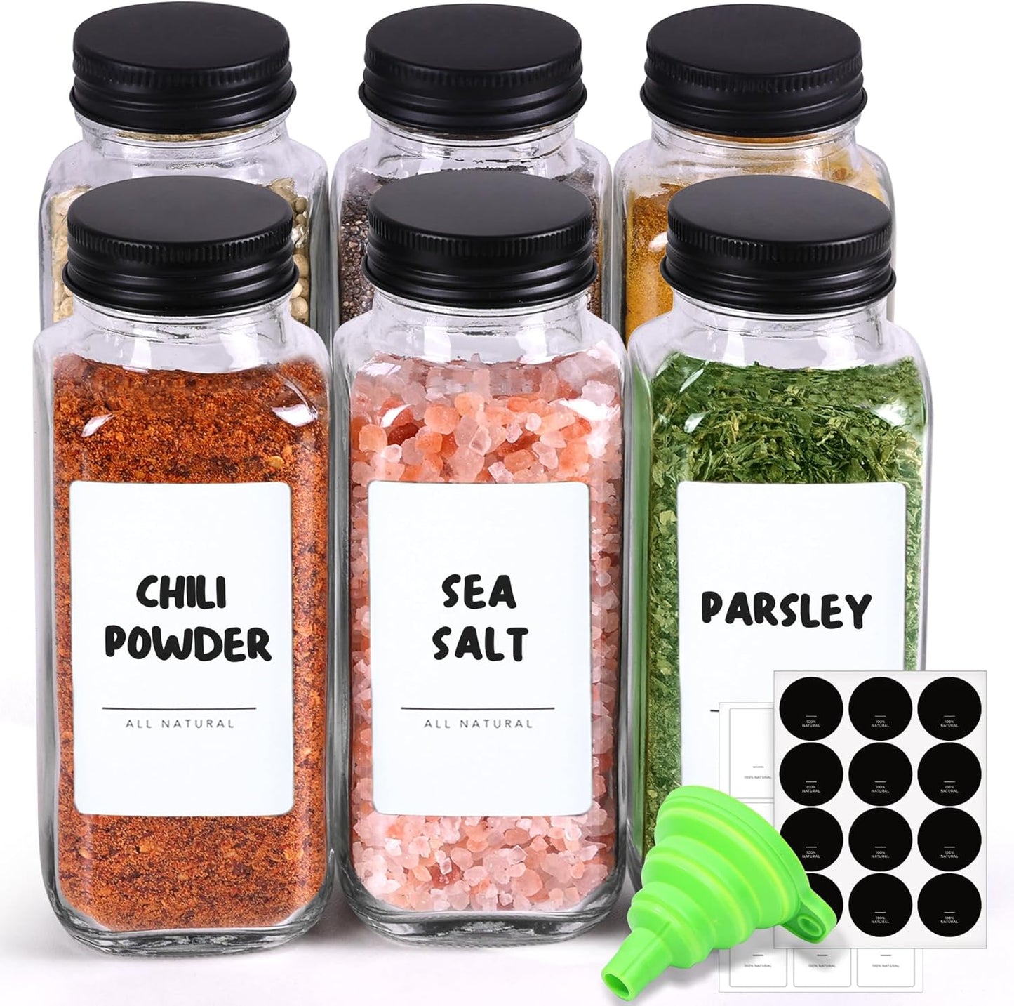 ComSaf Large Spice Jars, 6Pcs 8 oz glass spice bottle with lids, Empty Spice Containers and Square Spice Bottles, Trial Set & Supplement Set for Kitchen and Seasoning