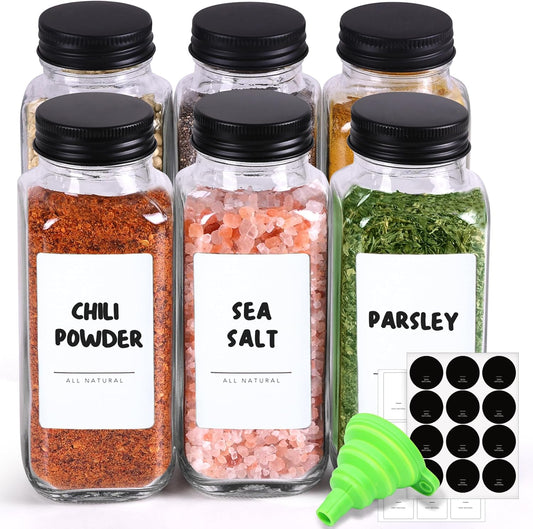ComSaf Large Spice Jars, 6Pcs 8 oz glass spice bottle with lids, Empty Spice Containers and Square Spice Bottles, Trial Set & Supplement Set for Kitchen and Seasoning