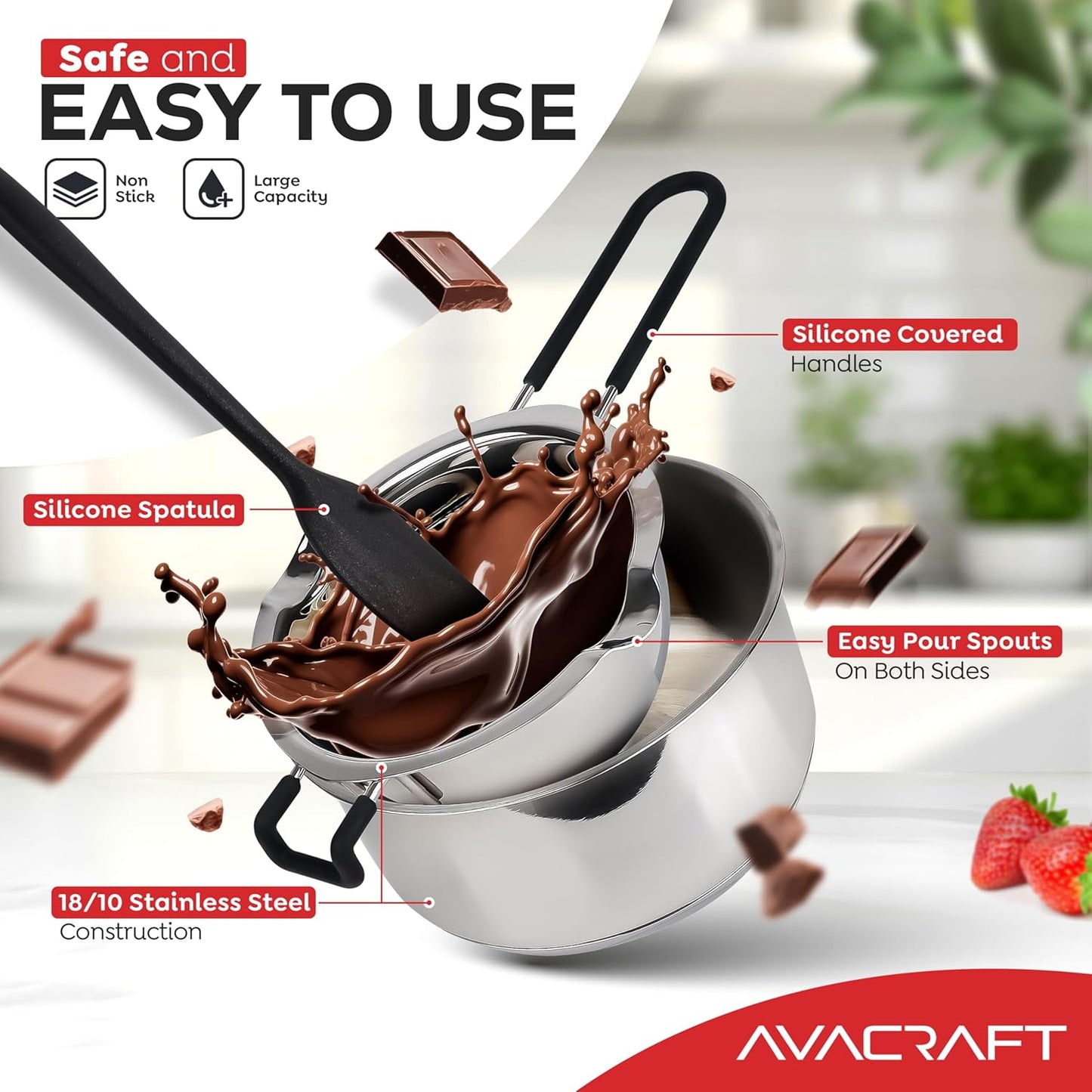 AVACRAFT Double Boiler 18/8 Stainless Steel Double Boiler Pot with Stainless Steel Pot and Silicone Spatula, Double Boiler Set for Melting Chocolate, Candy, Soap, Wax, Candle Making (1 Quart)