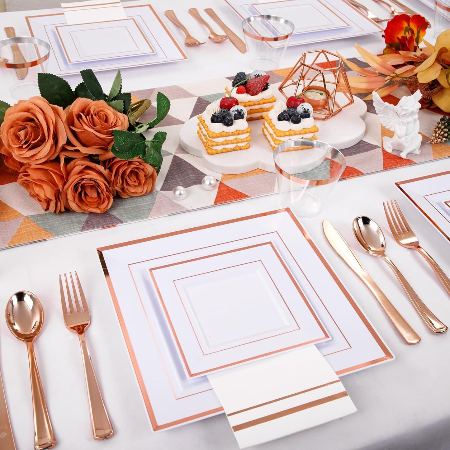 Festiva 350Pcs Rose Gold Plates and Napkins Party Supplies-Square White and Rose Gold Disposable Dinnerware include Plates Cups Cutlery Napkins for 50 Guests Wedding &Christmas Party&Mother's Day