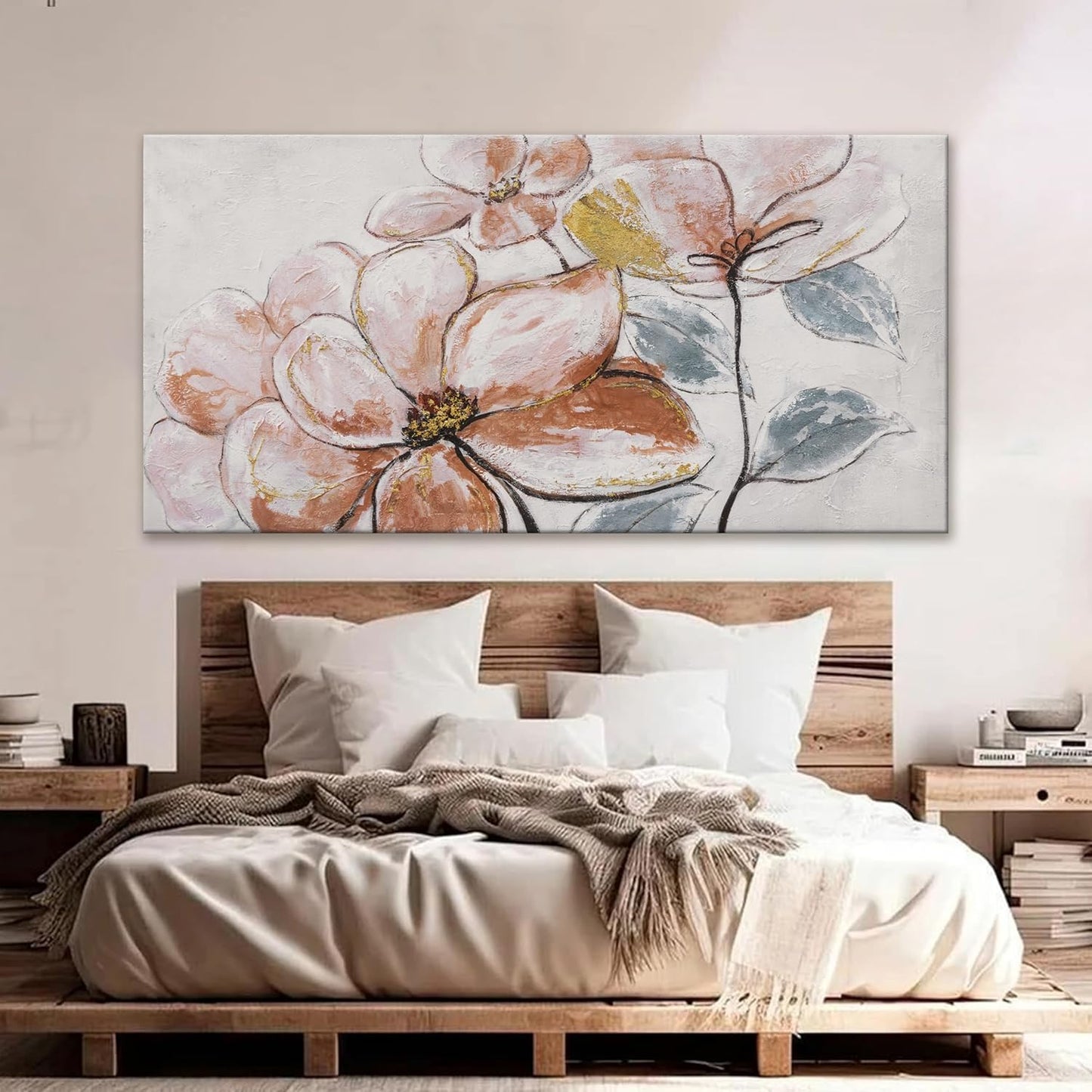 YISXINOAG Canvas Wall Art Living Room Home Wall Decor Modern Canvas Art Wall Decor 29x58 Inches Elegant Brown Pink Flower White Wall Art Picture For Bedroom Dining Room Office Artwork