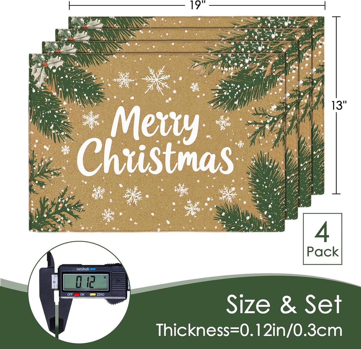 MANSPHIL Brown Christmas Placemats Set of 4 Snowflake Fabric Table Mats Farmhouse Table Decor Cotton Faux Linen Place Mats Heat Resistant Washable Dining Kitchen - 13x19 Inch Oeko Tex Placemat