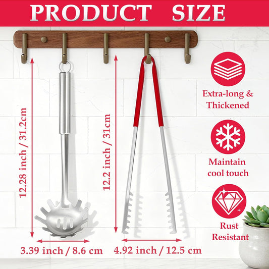 Spaghetti Spoon and Spaghetti Tong - 12 Inch Heat-Proof Handle Spaghetti Fork and Kitchen Tong, Non-stick, Easy Storage and Dishwasher Safe Utensils for Cooking, Ergonomic Design
