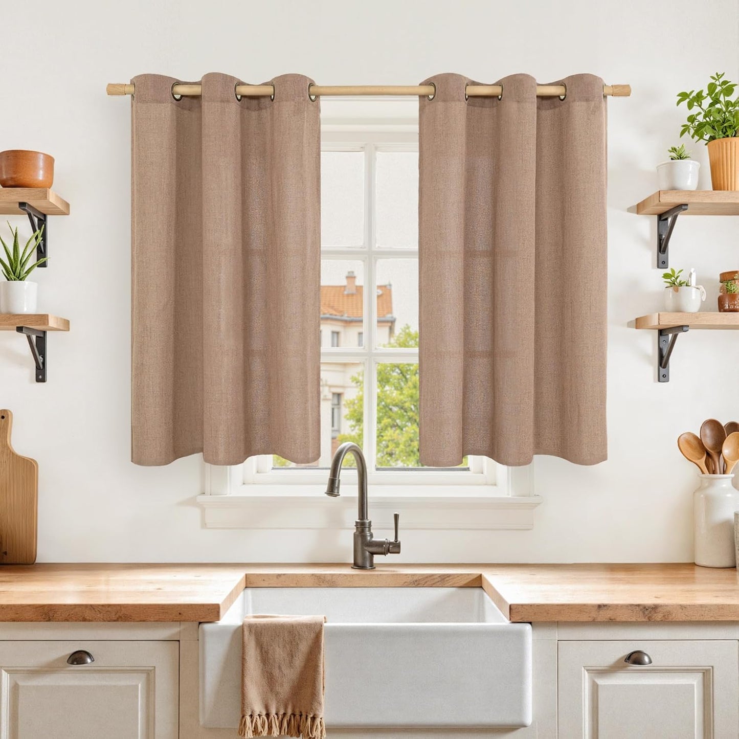 YoungsTex Mocha Linen Kitchen Curtains 40 Inch Length with Grommet, Short Semi Sheer Drapes Light Filtering for Bathroom Cafe Window Fall Decor, 2 Panels, 42 X 40 Inch