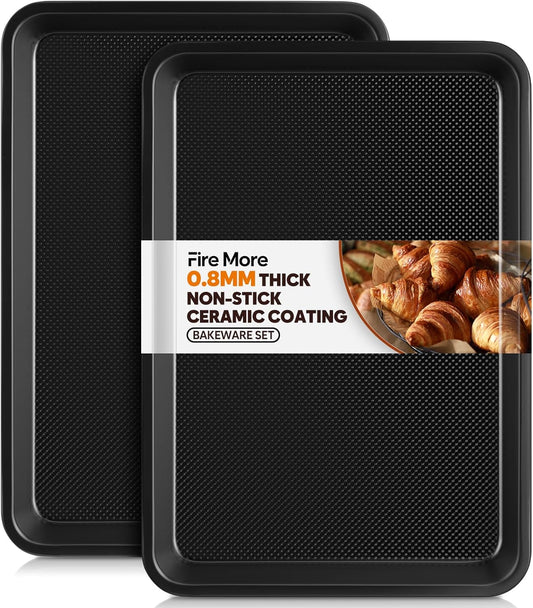 2 Pack Quarter Sheet Pan 12.8x9, Cookie Sheets for Baking 0.8mm Thick Non Stick Baking Sheets for Oven Heavy Duty Baking Trays