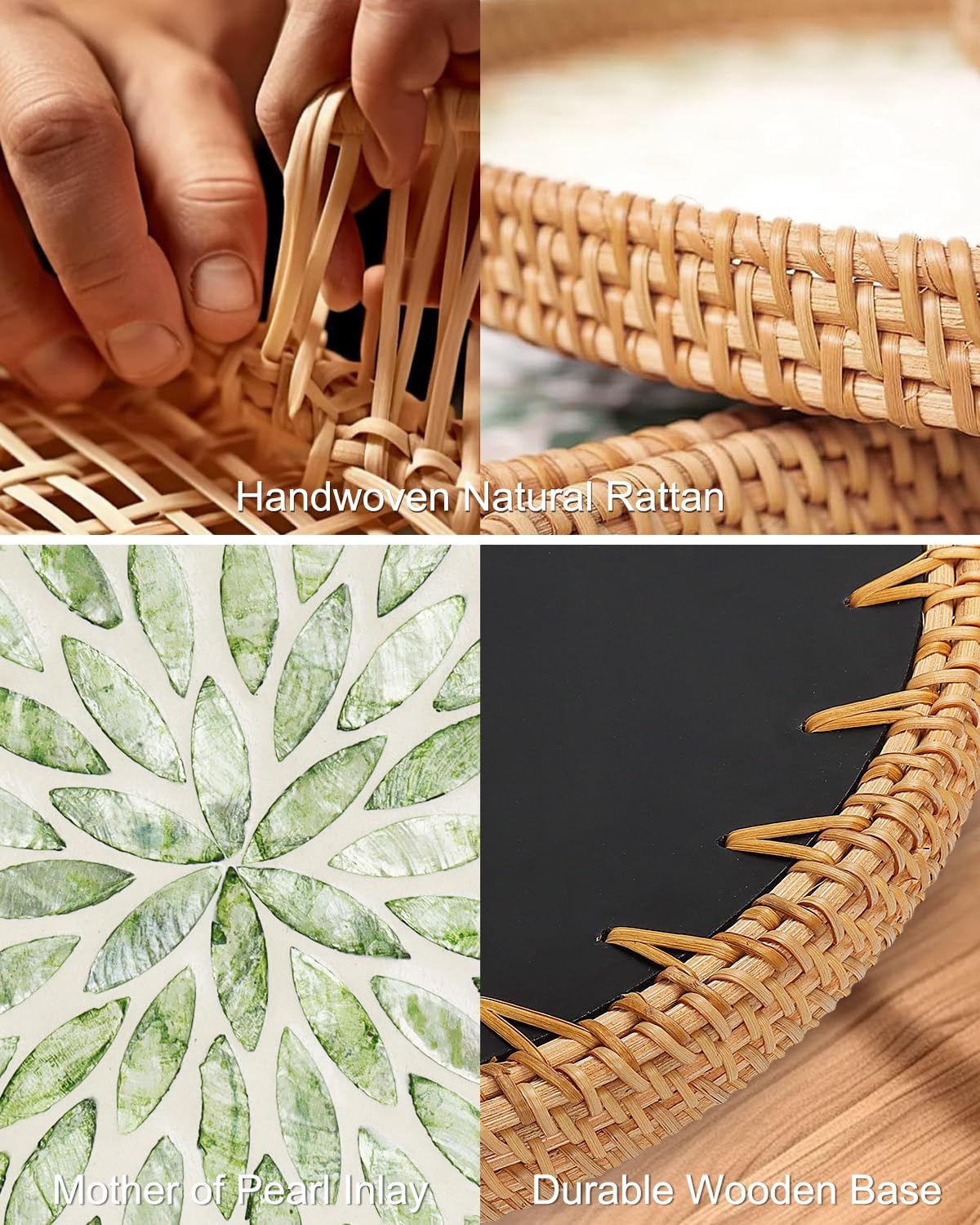 Round Rattan Tray with Mother of Pearl Inlay 11.8 inch, Decorative Serving Tray for Coffee, Bread, Fruit, Woven Wicker Tray for Boho, Coastal, Home Decor(Green Leaf)