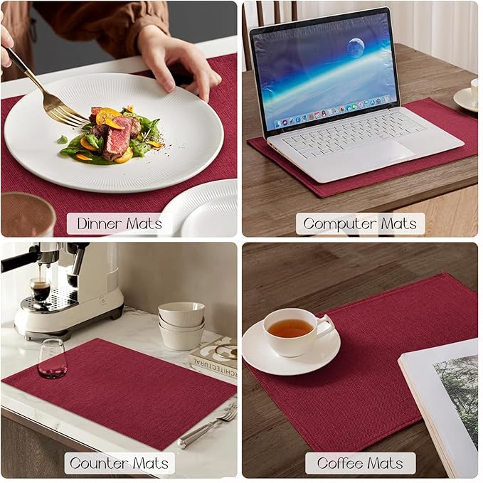 Romanstile Cloth Placemats Set of 6-12 x 18 Inch, Heat Resistant Double Layered Thickened Burlap Christmas Place Mats, Washable Faux Linen Farmhouse Table Mats for Kitchen/Dining/Party/Outdoor, Red