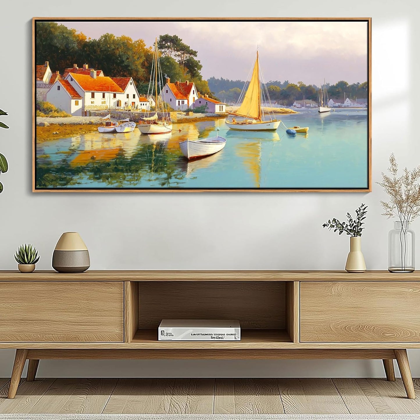 AJAZIKO Coastal Wall Art - Rustic Ocean & boat Canvas Art for Living Room & Bedroom Decor - Framed Landscape Artwork for Walls - Italian Farmhouse & Country Wall Decor Print Pictures24x48IN