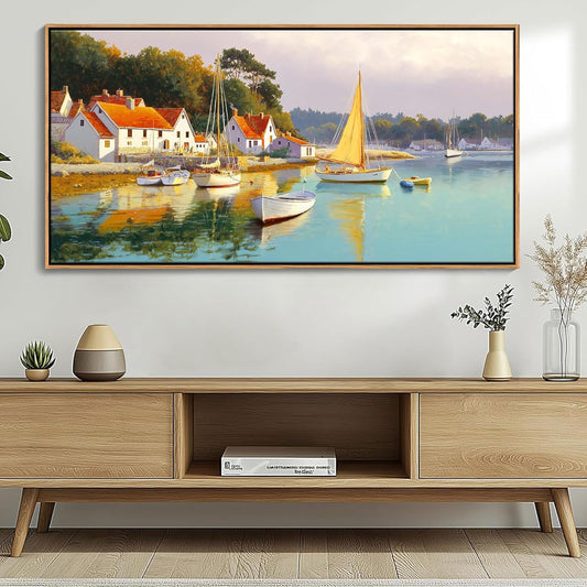 AJAZIKO Coastal Wall Art - Rustic Ocean & boat Canvas Art for Living Room & Bedroom Decor - Framed Landscape Artwork for Walls - Italian Farmhouse & Country Wall Decor Print Pictures24x48IN