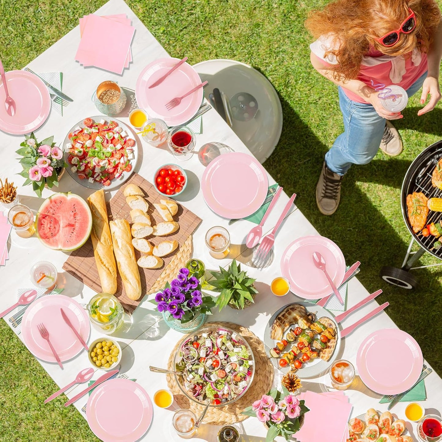 TWOWYHI 228PCS Pink Party Supplies Set Include Paper Plates Cups Pink Napkins Plastic Spoons Forks Knives for 30 Guests Disposable Party Dinnerware For Birthday Wedding Family Picnic