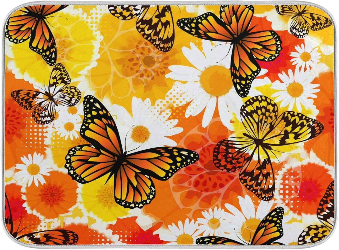 Yellow Flowers Butterfly Dish Drying Mats 16 x 18 Inch Super Absorbent Microfiber Dish Drainer Rack Mats Soft Heat Resistant Drying Protector Pad for Kitchen Counter Sinks Dining Table