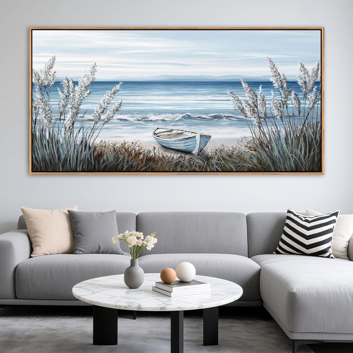 AJAZIKO Beach Vintage Wall Art Pictures for Living Room Coastal Artwork for Walls Ocean Bedroom Wall Decor Above Bed Landscape Beach Canvas Wall Art Featuring Boat, Farmhouse, Seascape 29×58IN