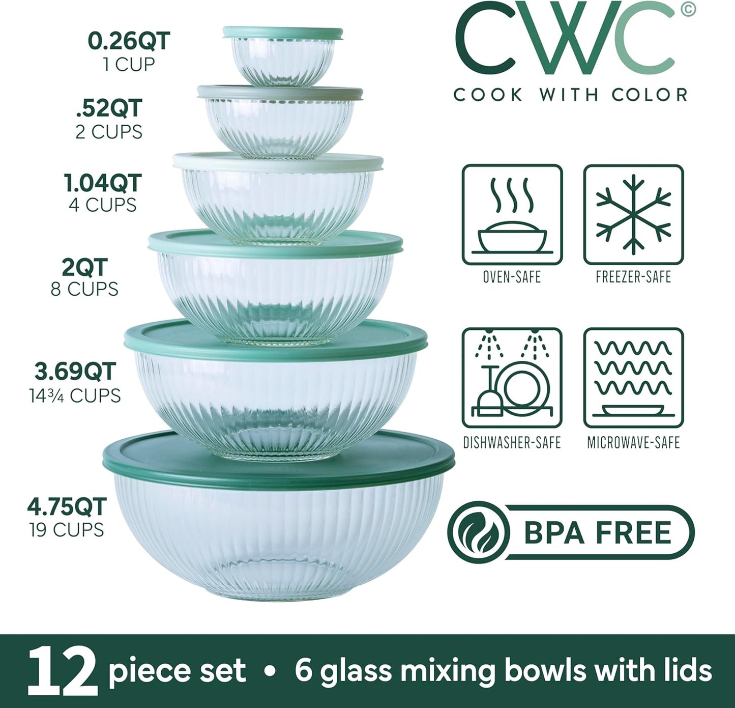 COOK WITH COLOR 12 Pc Glass Mixing Bowl Set with Lids – Borosilicate Glass Nesting Bowls for Cooking, Baking and Meal Prep, Fluted Sage