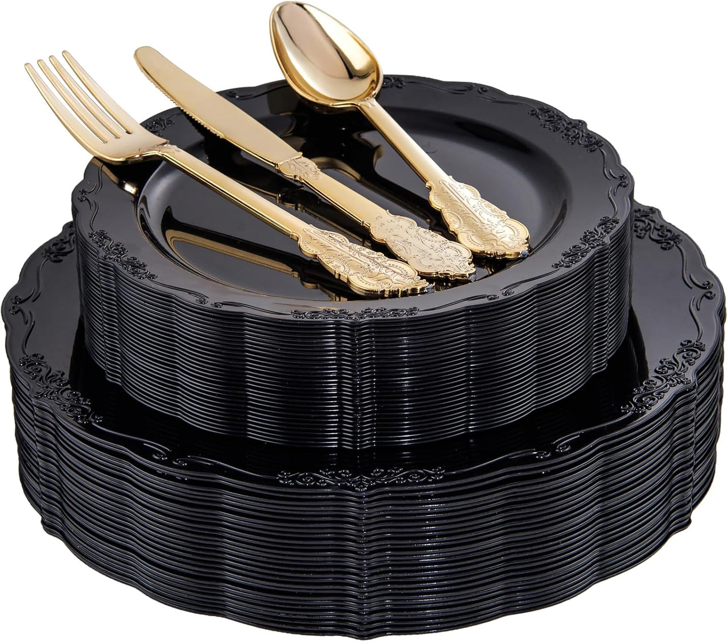 DaYammi 150Pcs Black Plastic Plates & Gold Plastic Silverware,Black Disposable Plates Set Include 30 Dinner Plate, 30 Dessert Plate,30 Golden Knives,30 Gold Forks,30 Golden Spoons for Halloween Party