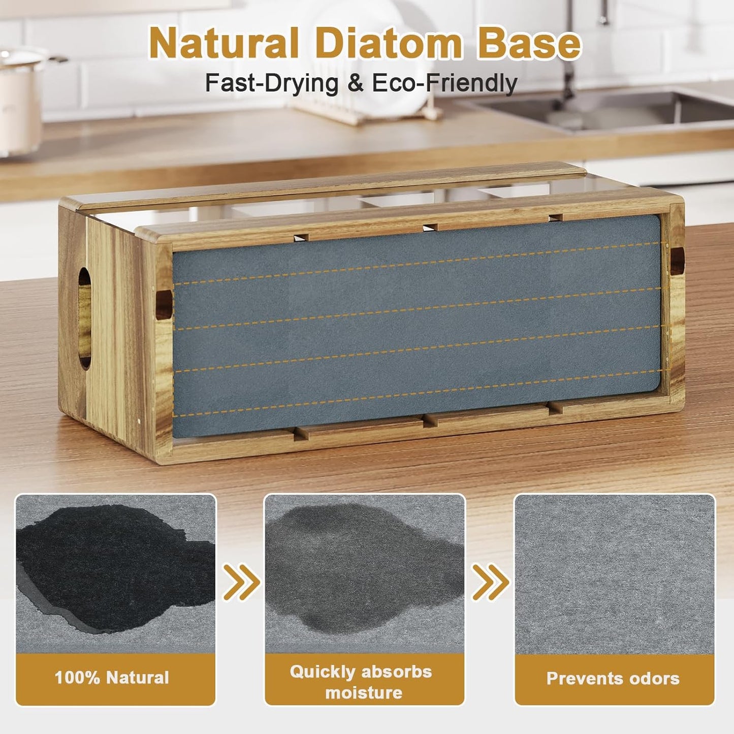 Acacia Rustic Wood Utensil Holder, Extra Large Cooking Holder with Drying Stone Base and 8 Compartments, Farmhouse Kitchen Countertop Organizer