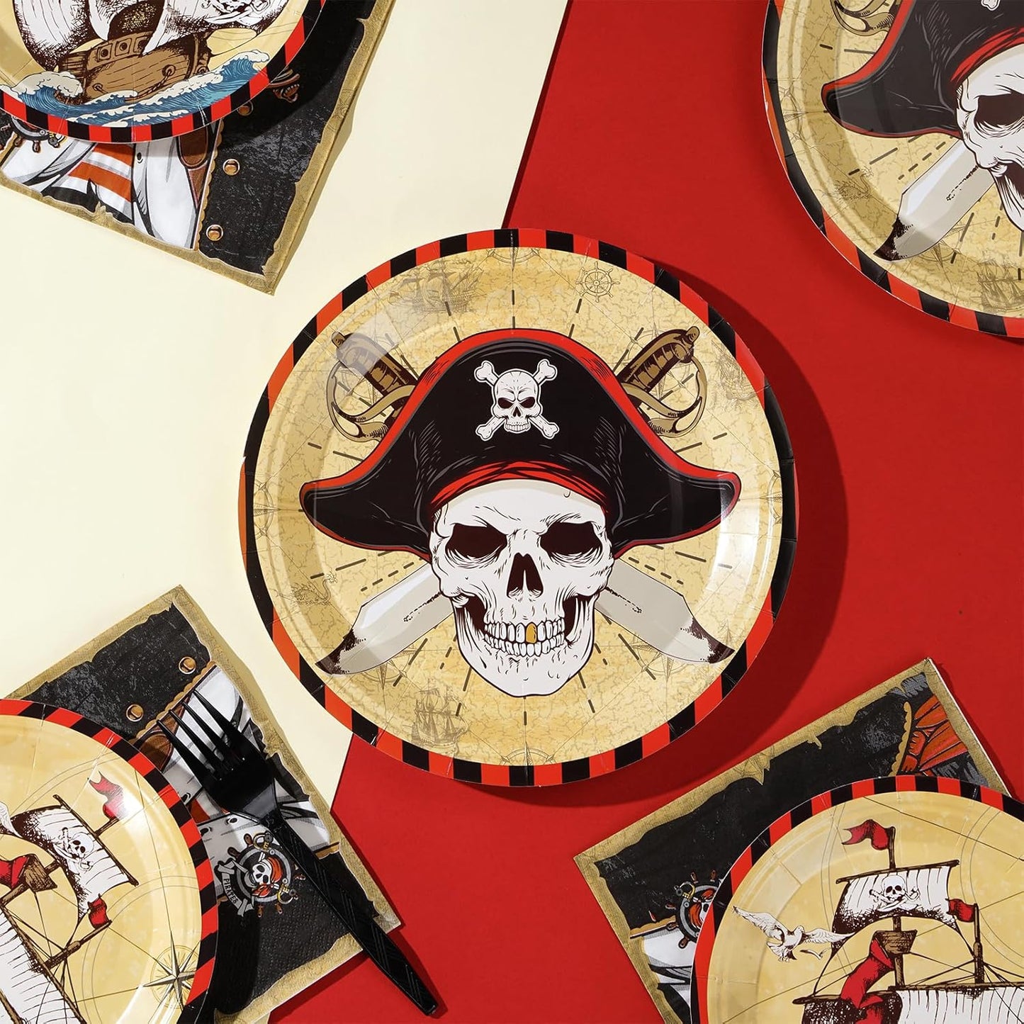 96 Pcs Pirate Party Supplies Pirate Plates Napkins Forks Disposable Halloween Tableware Set for Adult Teen Children Birthday pirate party Favors Treasure Theme Halloween Party Decorations Serves 24