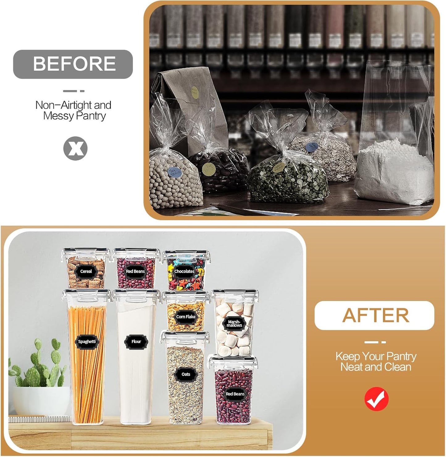 Skroam 32 PCS Airtight Food Storage Containers with Lids, Kitchen and Pantry Organizers and Storage, BPA Free, Plastic Food Storage Canisters for Flour, Sugar, and Cereal, Labels & Marker