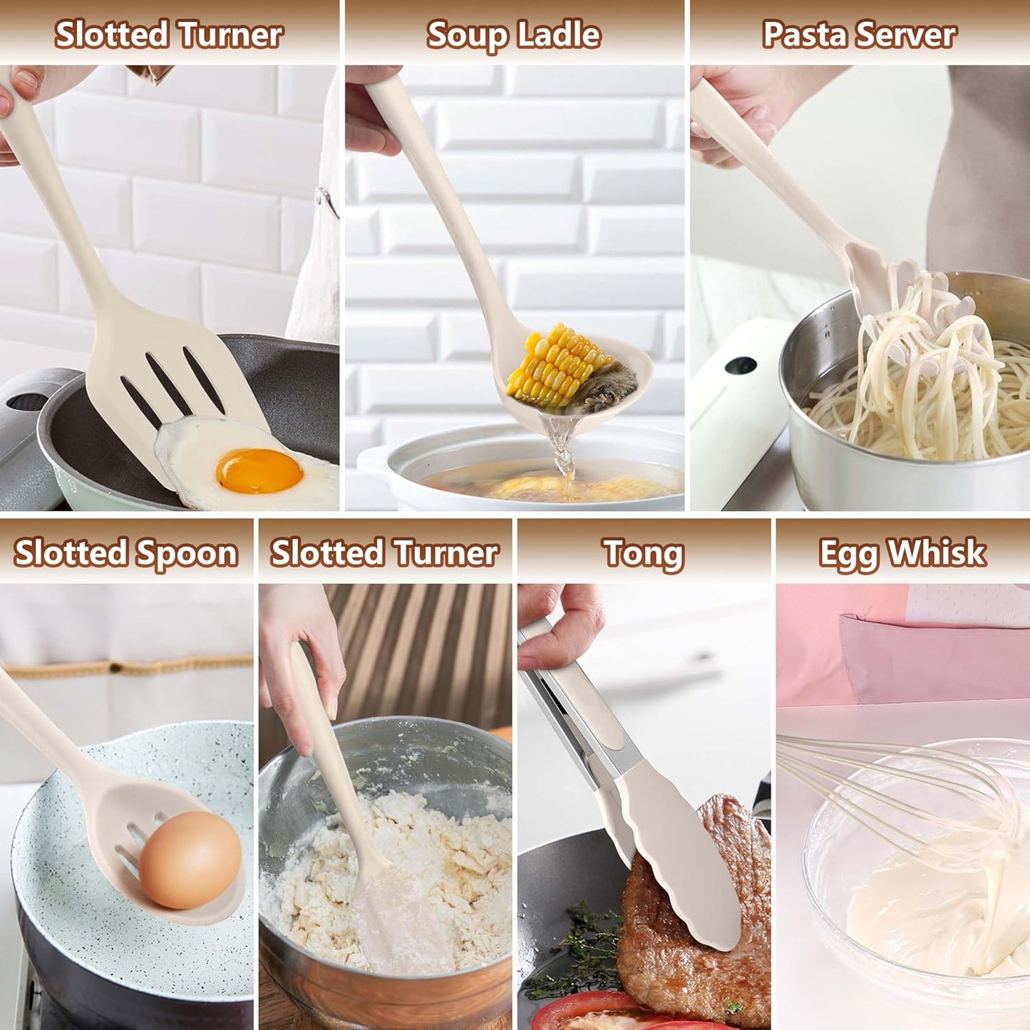 LIANYU 14 Pcs Kitchen Utensils Set with Holder, Silicone Cooking Utensils Spatula Set, Heat Resistant Cookware Tools Includes Spoon Turner Whisk Tong, Dishwasher Safe, Khaki