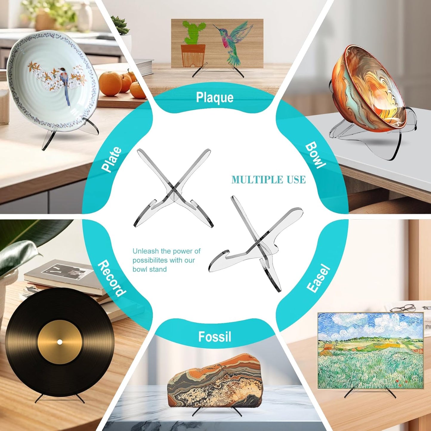 Boloyo "X Shape Acrylic Plate Display Stand, 4.5 Inch 1PC Clear Acrylic Bowl Plate Platter Dish China Porcelain Display Holder Easel Base for Home Kitchen School Art Display