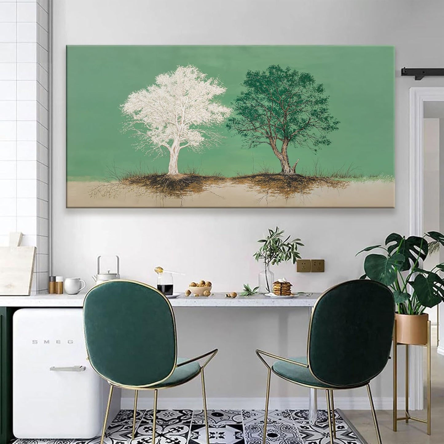 Large Canvas Art Wall Decor Pure White And Green Tree Of Life Wall Art Decoration Modern Home Wall Decor Abstract Wall Art For Living Room Bedroom Kitchen Office 29x58 Inch