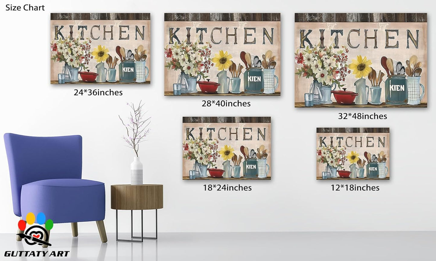 GUTTATY Farmhouse Wall Art Rustic Kitchen Decor, Ready to Hang Kitchen Canvas Print Sunflowers And Various Spoons,Retro Posters Prints for Dinning Room Home Kitchen Restaurant Painting 18×24 Inch