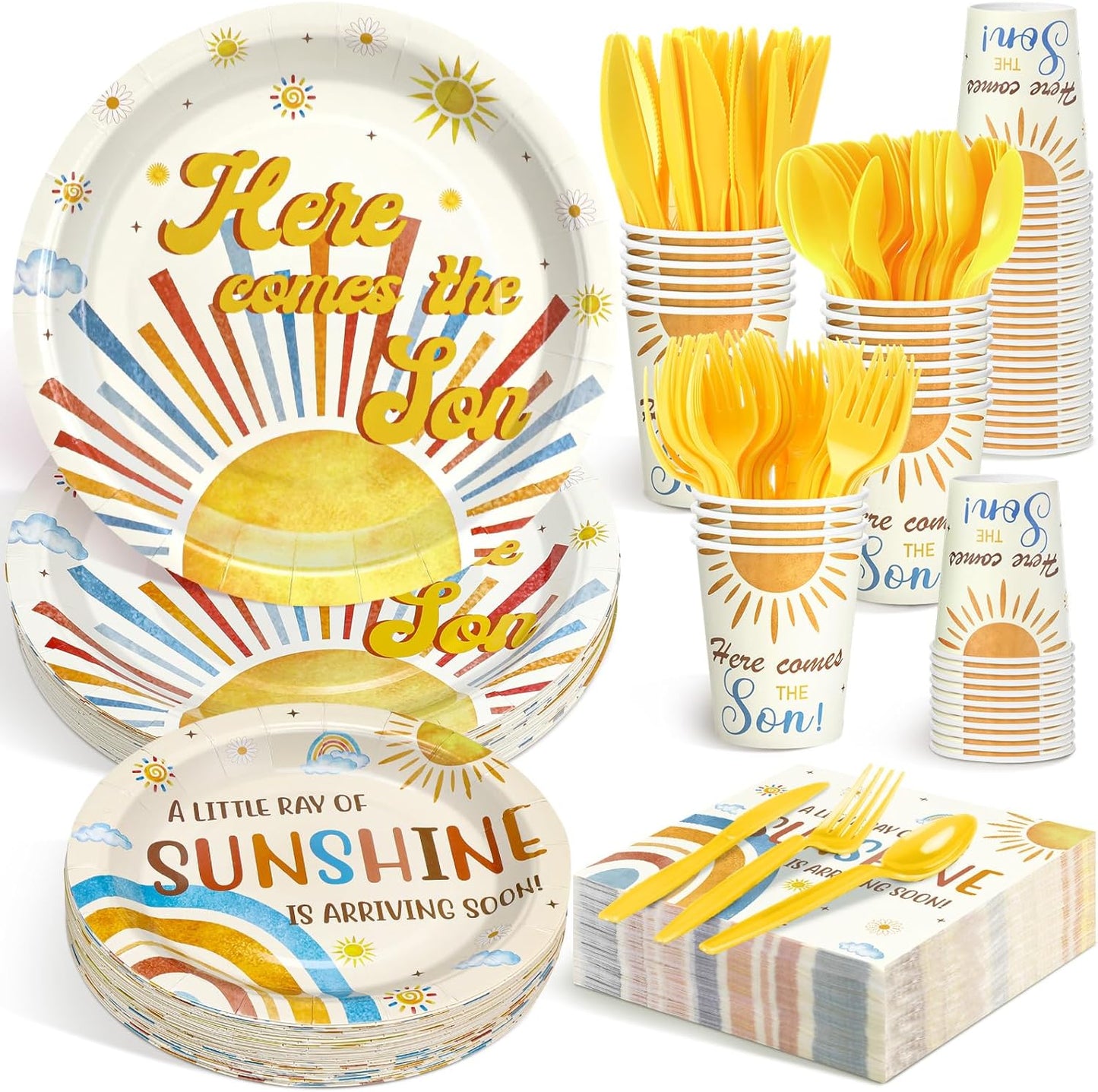 Dandat 350 Pcs Baby Shower Plates Set Baby Shower Party Supplies Serves 50 Tableware Sets Include Plates Napkin Cup Forks Knives Spoons Disposable Dinnerware(Son,Yellow)