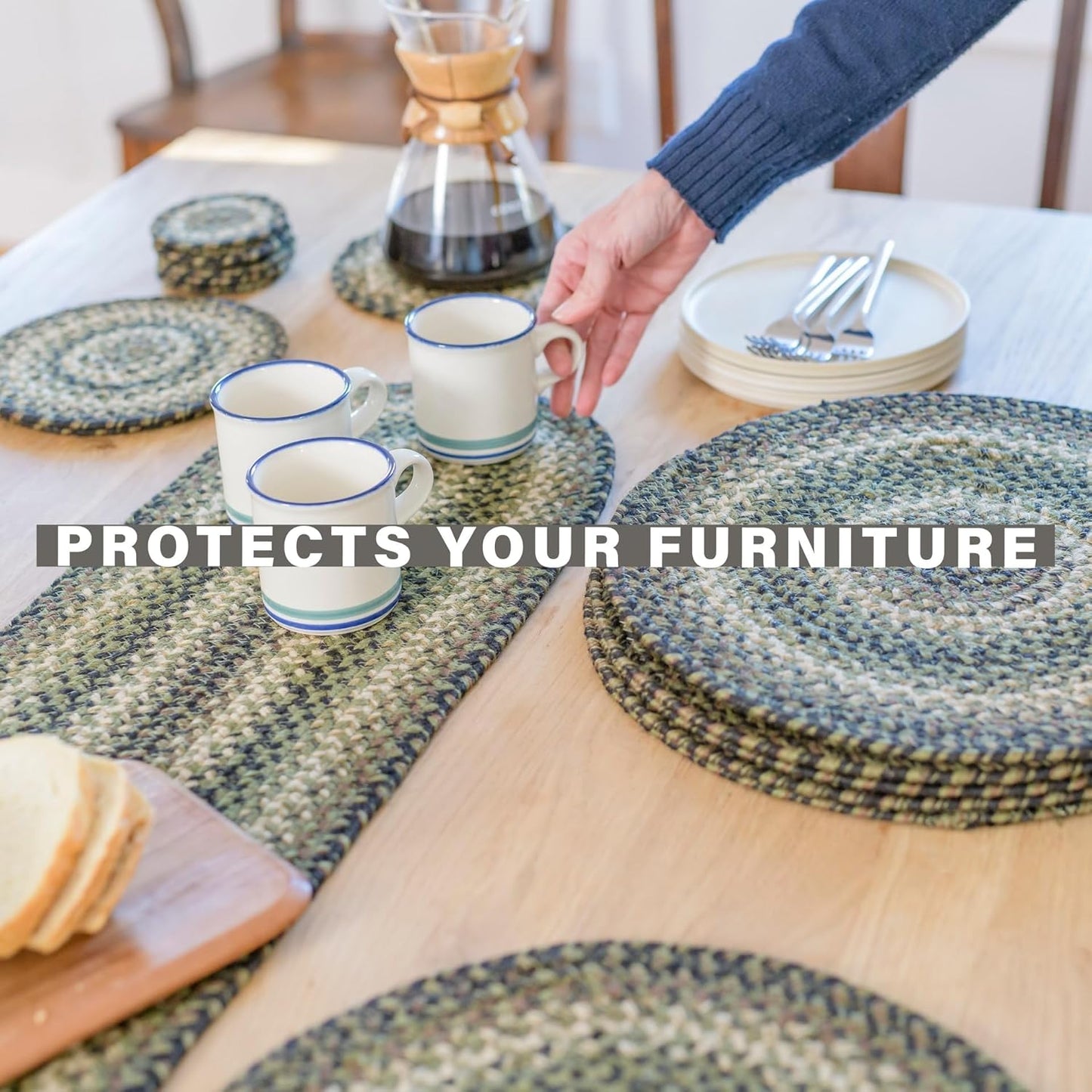 Pinecone Jute Woven Round Placemats Set of 6, 15", Warm Country Rustic Decor, Green Table Mats - Vibrant Colors, Durable, Easy to Clean and Protects Furniture