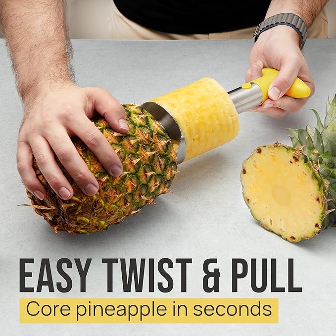 Zulay Kitchen Stainless Steel Pineapple Corer & Slicer + Eye Removal Tool – Heavy Duty Pineapple Cutter with Reinforced Blade – Effortless Pineapple Core Remover & Slicer - Yellow