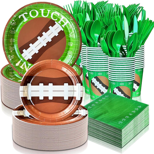 350 PCS Football Party Decorations, Plates and Napkins Sets Includes Plates Dessert Napkins Cups Plastic Knives Forks Spoons Disposable Dinnerware Set For Football Party (50 Guest)