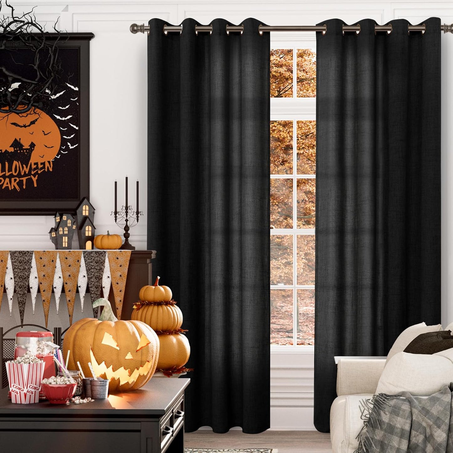 YoungsTex Black Linen Curtains 84 inch Length 2 Panels for Living Room, Semi Sheer Drapes with Bronze Grommet Light Filtering Gothic Halloween Decorative for Dining Bedroom, 52 X 84 Inch