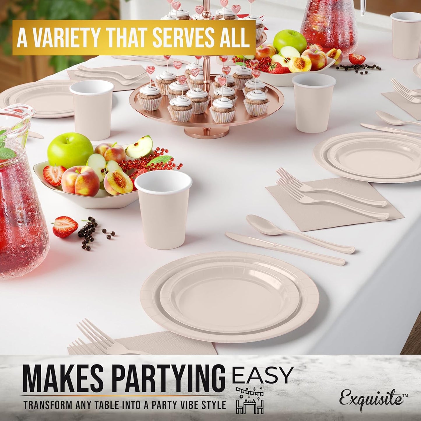 Exquisite 350 Pcs Ivory Paper Plates For Party, Ivory Disposable Plates Set, 50 Of Each 9" Dinner Plate Set, 7" Dessert Plate, Cups, Napkins & Cutlery Paper Dinnerware