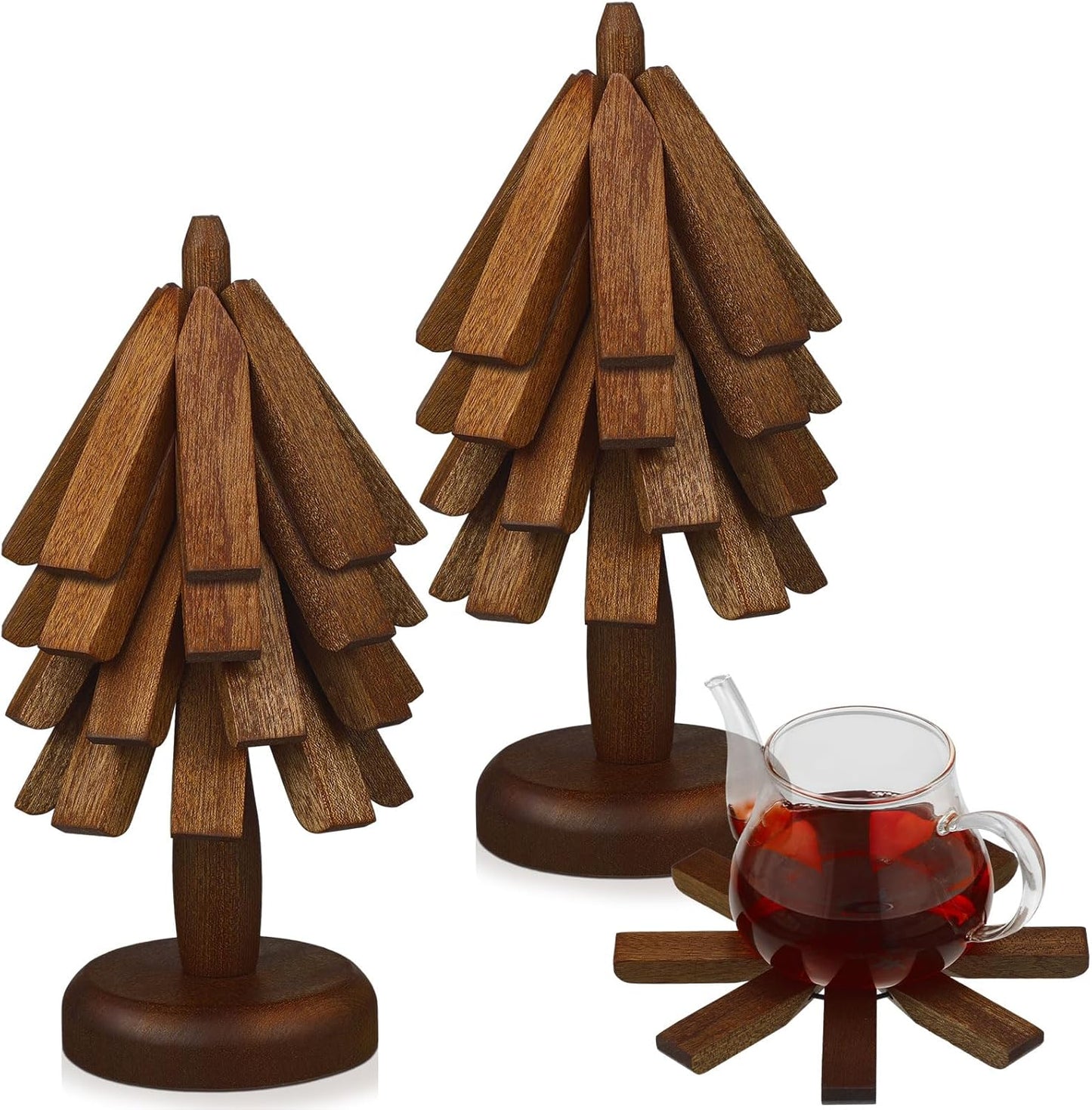 Suzile 2 Set 4 Layers Wooden Trivets for Hot Dishes Tree Shape Trivet Coaster Wood Table Mat Tree Design Foldable Heat Resistant Pads for Teapot Pans Bowl Kitchen Table(Brown)