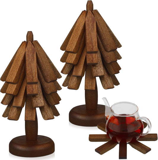 Suzile 2 Set 4 Layers Wooden Trivets for Hot Dishes Tree Shape Trivet Coaster Wood Table Mat Tree Design Foldable Heat Resistant Pads for Teapot Pans Bowl Kitchen Table(Brown)