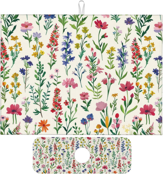 Watercolor Wildflower Dish Drying Mat for Kitchen Counter, 18"x24" Microfiber Absorbent Fast Dry Mat, 2Pcs Dish Mat Faucet Mats Sets, Large Drying Kitchen Mat Kitchen Drying Pad Coffee Bar Decor Gifts
