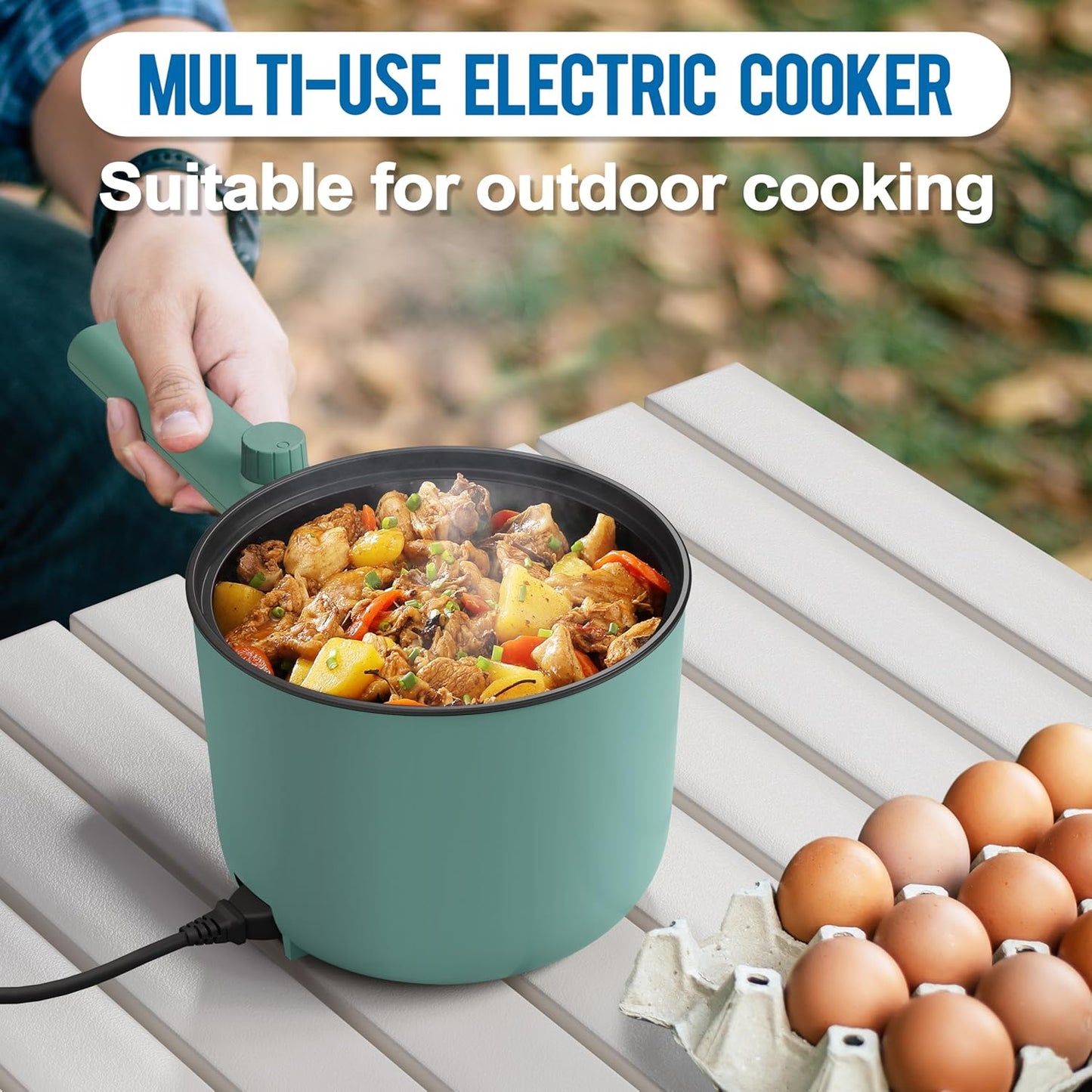 Topwit Hot Pot Electric, 1.5L Ramen Cooker, Non-Stick Frying Pan, Electric Pot for Pasta, Steak, BPA Free, Dual Power Control, Over-Heating & Boil Dry Protection, Green