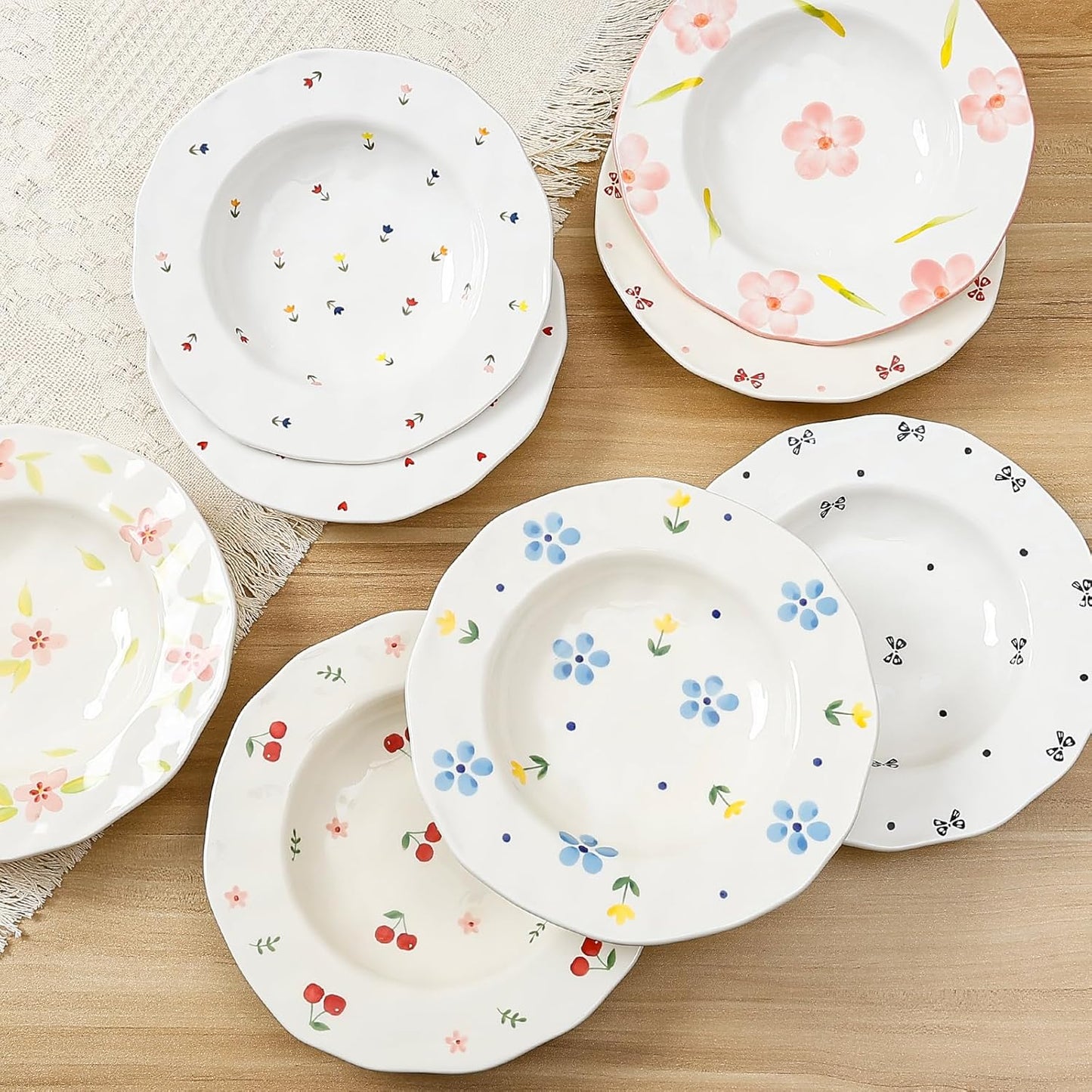 Koythin Ceramic Straw Hat Ramen Bowl Set, Pasta Bowls, Salad Serving Bowl for Noodle, Dinner, Salad, Microwave Dishwasher Safe (Pink Large Petals)