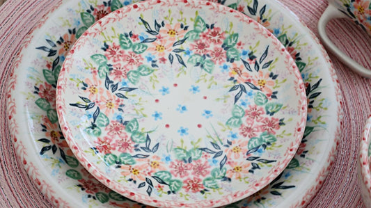 Blue Rose Polish Pottery - Pink Fairy Meadow Dessert Plate - 7.5" Diameter - Beautiful Plate for Cake, Appetizers, or Snacks