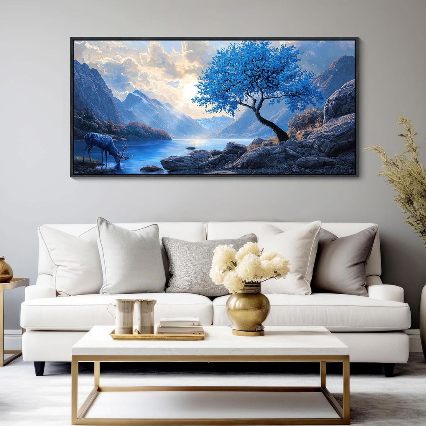 HKDGOKA Landscape Canvas Wall Art, Large Blue Gray Mountain Lake Tree Eagles Deer Framed Paintings Artwork Modern Wall Picture for Living Room Bedroom Kitchen Farmhouse Decor 24x48 IN