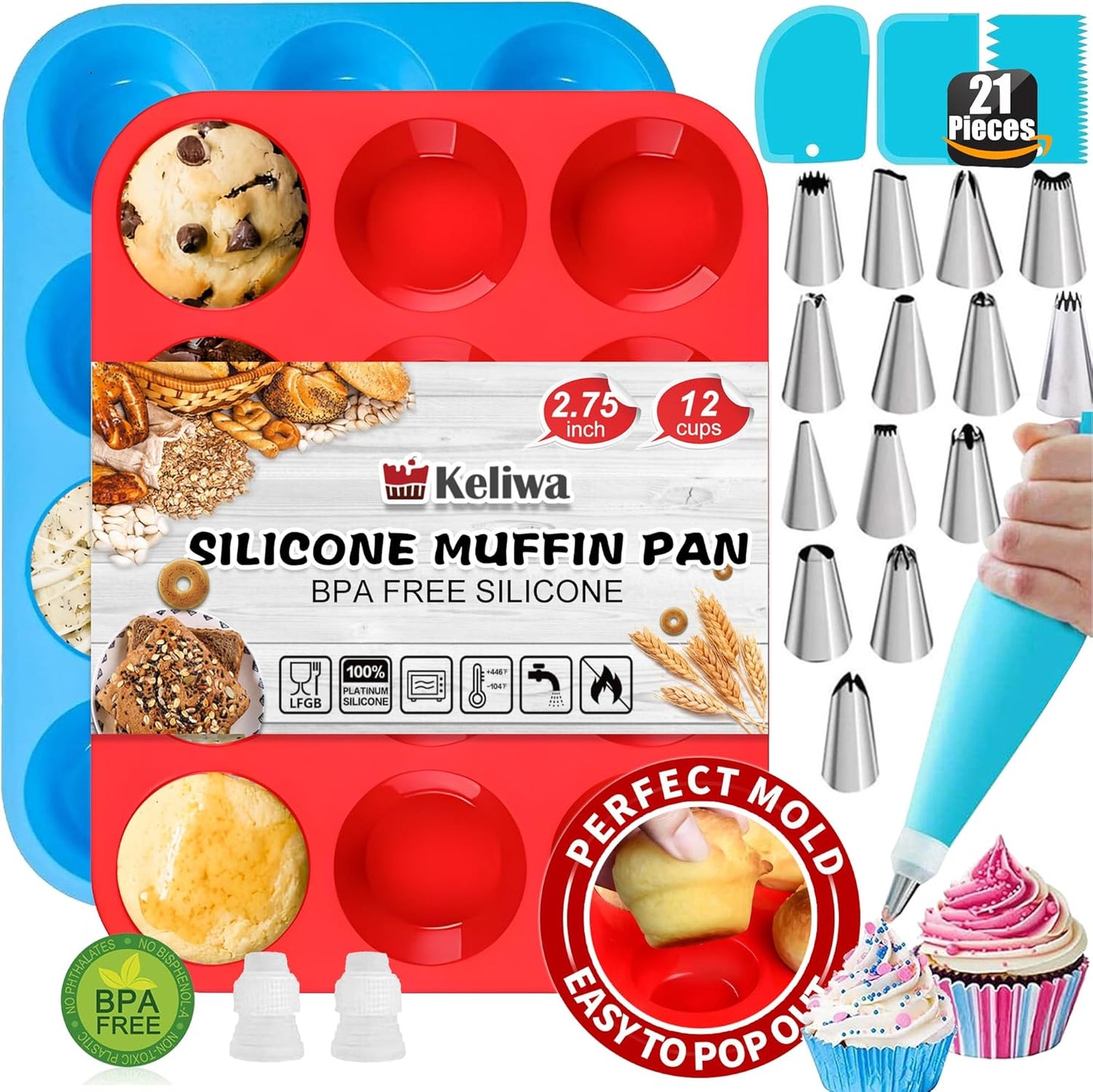 12 Cup Silicone Muffin Pan，Regular Size Cupcake Pan Great for Making Muffin Cakes, Bread, Tart - Piping Bags and Tips Set，Silicone Baking Cups-2 Pack