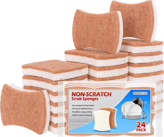 HOMERHYME Natural Dish Sponge 24 Pack, Non-Scratch Scrub Sponge, Eco Multipurpose Kitchen Sisal Fiber Cellulose Sponge, Odor-Less Dual-Sided for Dish Washing & Household Cleaning