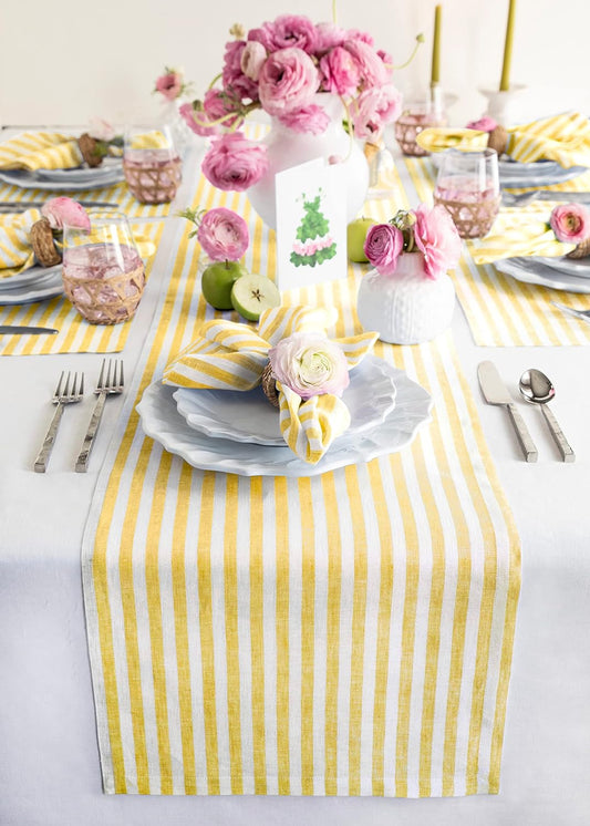 Solino Home Linen Table Runner 120 Inches Long - Amalfi Stripe, 100% Pure Linen Primrose Yellow and White Table Runner 14 x 120 Inch for Dining