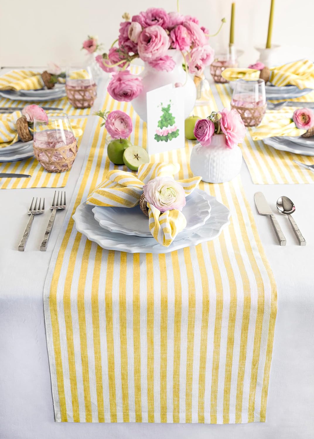 Solino Home Linen Table Runner 108 Inches Long - Amalfi Stripe, 100% Pure Linen Primrose Yellow and White Table Runner 14 x 108 Inch for Dining